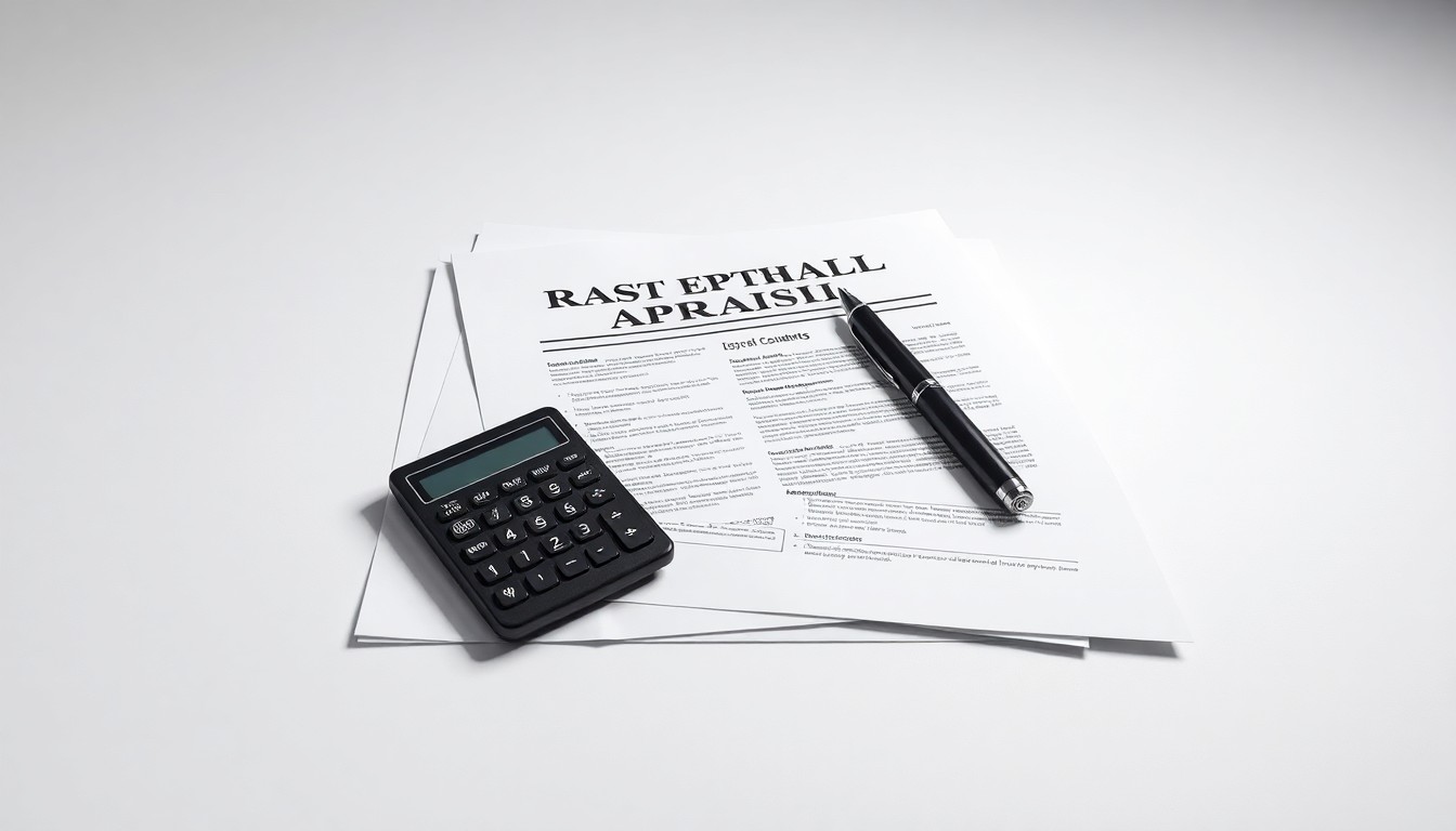 A minimalist studio still life photograph featuring a stack of real estate appraisal documents, a pen, and a calculator arranged elegantly on a clean, monochromatic background, conceptually representing the abstract concepts of real estate valuation and appraisal services.