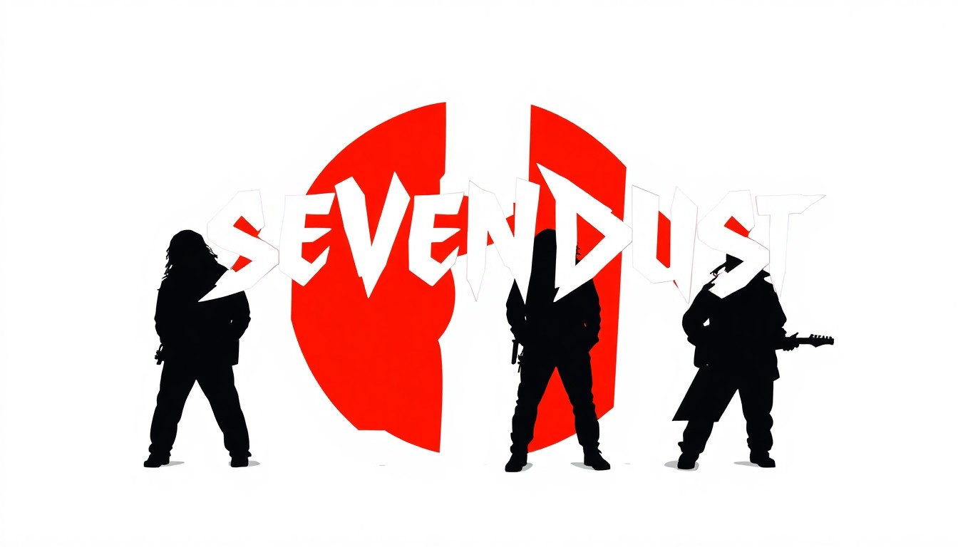 A bold, abstract illustration featuring jagged, geometric shapes in high-contrast black, red, and white, conceptually representing the heavy metal band Sevendust and their new music.