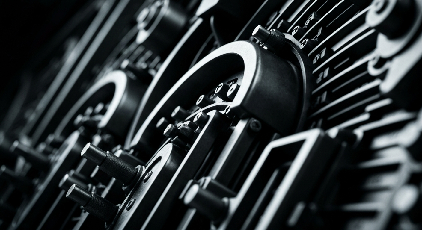 A close-up of intricate gears, levers, and dials of a financial instrument, rendered in high-contrast black and white tones to convey the power and weight of the financial system.