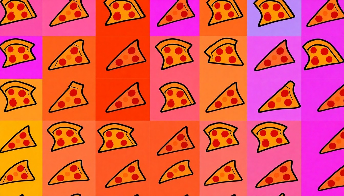 A vibrant, high-contrast silkscreen print of a single pizza slice repeated in a grid, using a neon color palette and heavy black outlines to transform the everyday food item into a modern pop art piece.