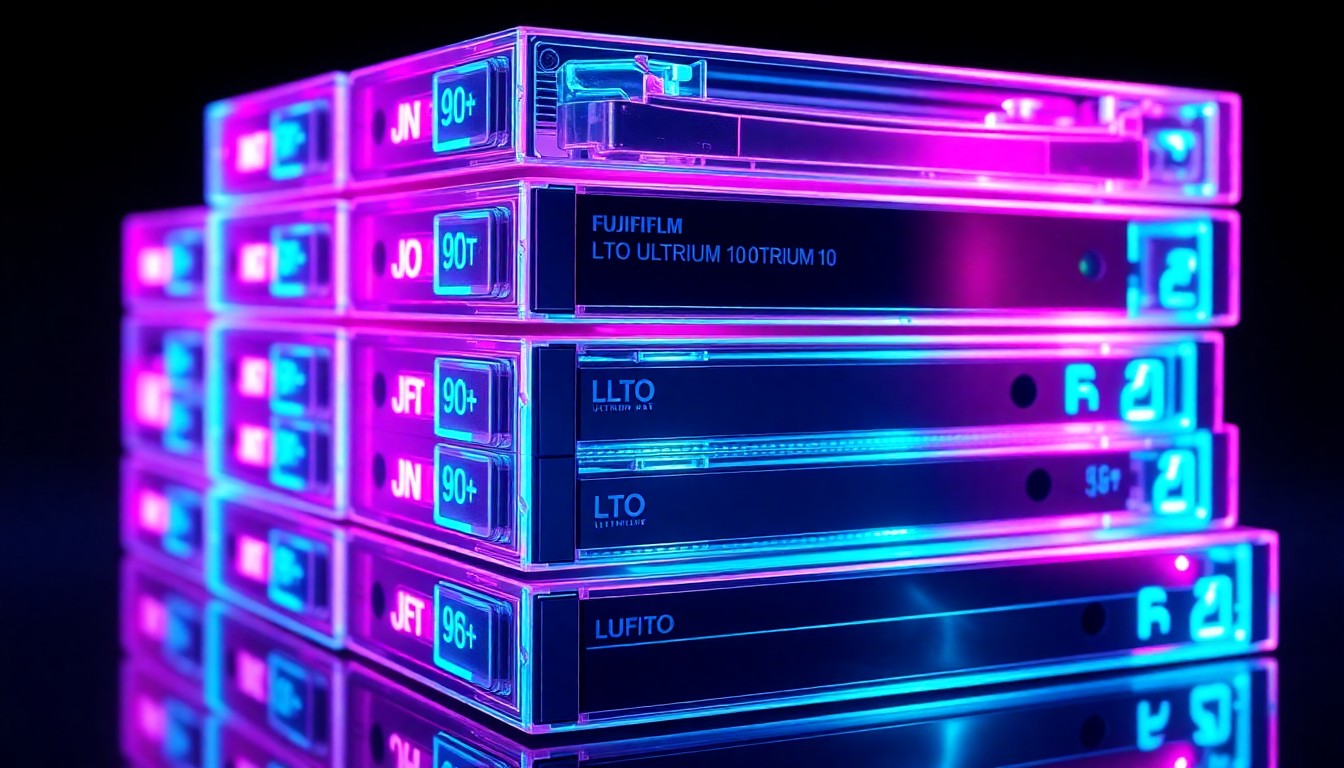 A highly detailed, glowing 3D illustration of a stack of sleek, futuristic-looking data cartridges, conceptually representing the advanced technology and high-density storage capabilities of FUJIFILM's new LTO Ultrium 10 tape storage solution.