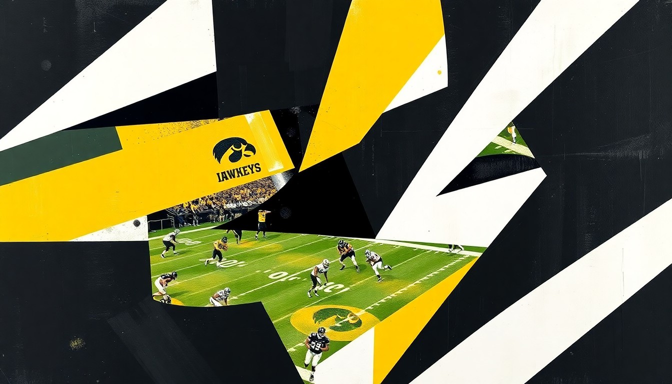 A fractured, geometric painting in black, gold, and white, depicting the dynamic movements and energy of a football practice or game through overlapping, angular shapes and planes.