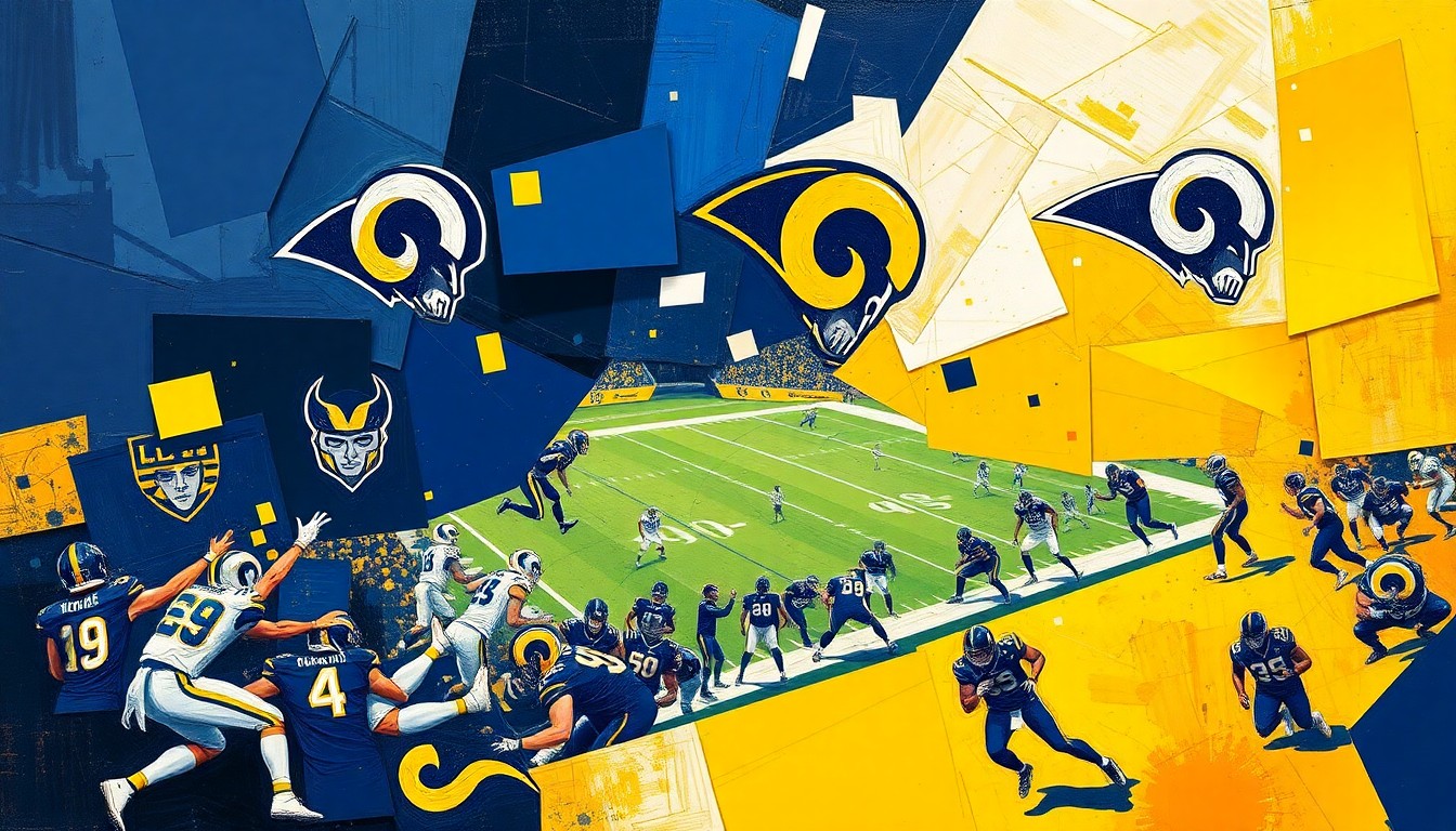 A fragmented, geometric painting depicting a Rams football game, with sharp planes of navy blue, gold, and white representing the team's uniforms and the chaotic energy of the sport.