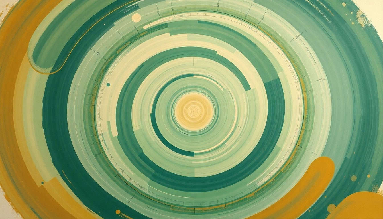 A highly textured abstract painting in soft, earthy tones of green, blue, and ochre, featuring sweeping geometric arcs, concentric circles, and precise botanical spirals, conceptually representing the complex atmospheric data and air quality monitoring conducted around an elementary school after a nearby rocket launch.