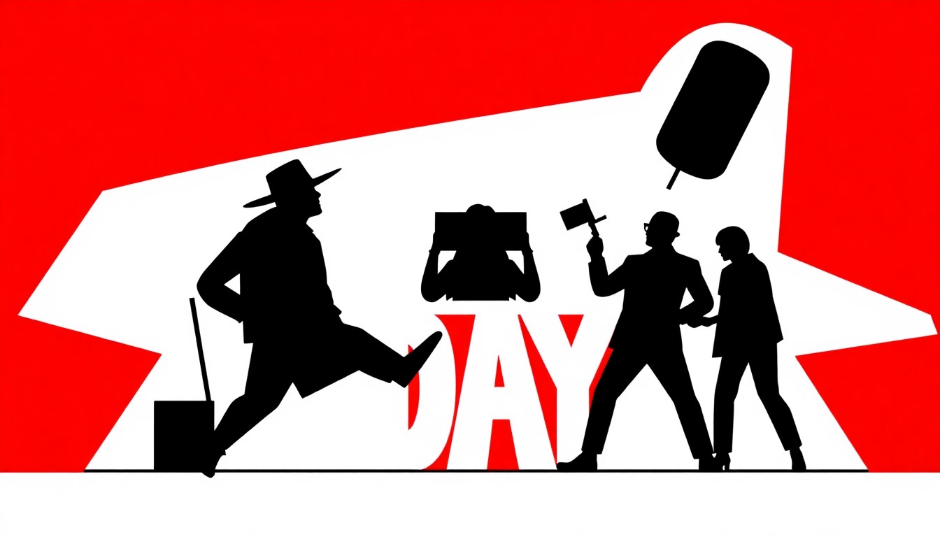 A bold, abstract composition of jagged geometric shapes and stark black silhouettes in high-contrast red and white, conceptually representing the playful and creative April Fools' Day marketing campaigns unveiled by various brands.