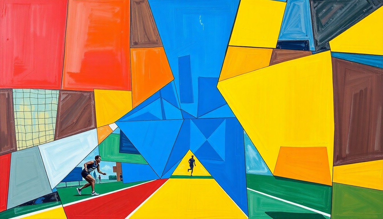 A cubist, geometric painting depicting a high school track and field competition, with overlapping planes of vibrant colors representing the dynamic motion and energy of the event.
