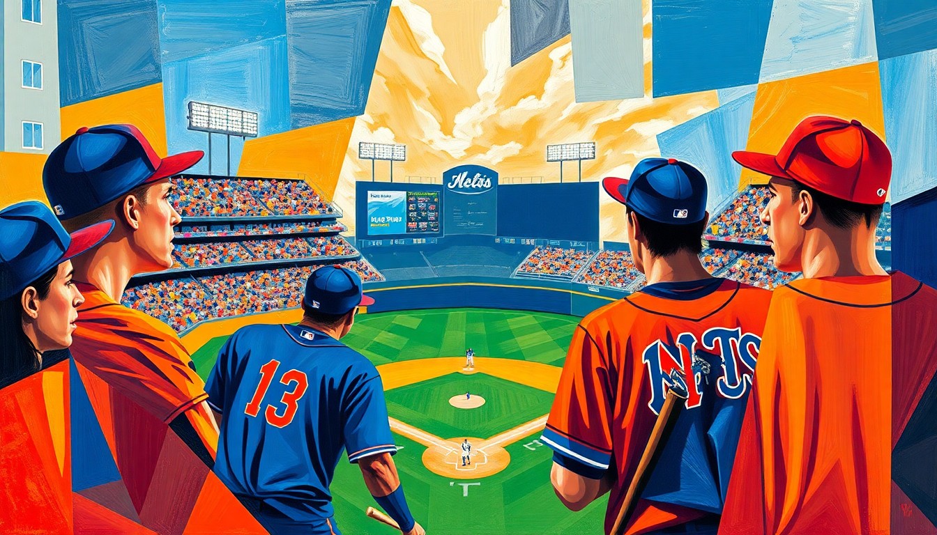A fragmented, geometric painting in bold colors representing the dynamic energy and competitive spirit of a minor league baseball game between two teams.