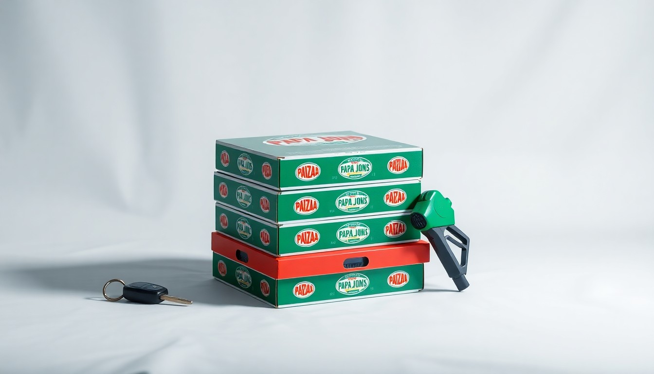 A minimalist studio still life photograph featuring a stack of Papa Johns pizza boxes, a car key, and a gas pump nozzle arranged on a clean white background, conceptually representing the brand's new program to reimburse customers for the cost of driving to pick up their orders.