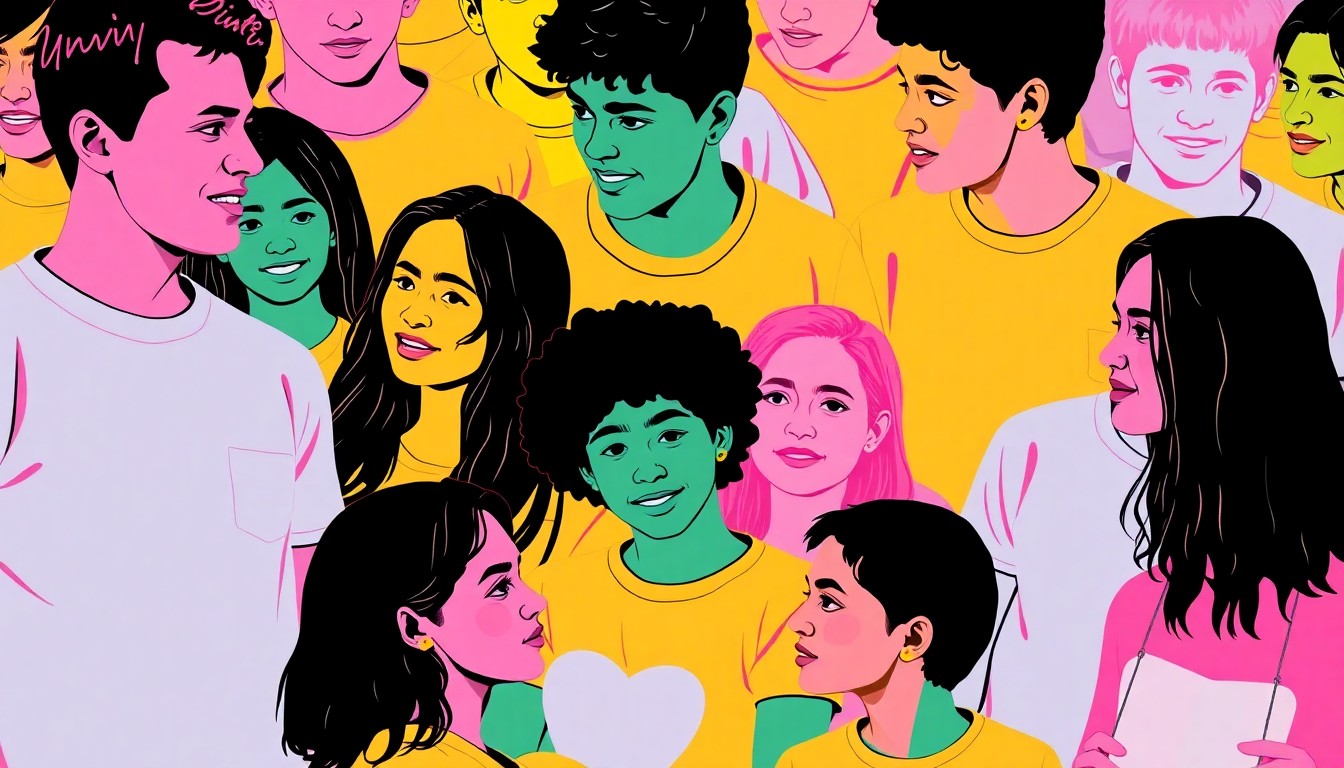 A highly stylized, pop art-inspired illustration featuring a repeating grid of young people volunteering together, rendered in a bold, neon color palette with heavy black outlines, capturing the joyful energy of community service.
