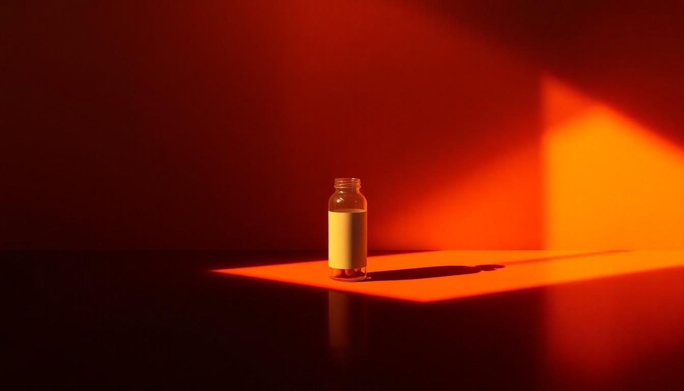 A photorealistic oil painting of a single prescription medication bottle or pill capsule sitting on a wooden surface, with warm sunlight casting dramatic shadows across the scene, conceptually representing the administration's trade policy approach to drug pricing.
