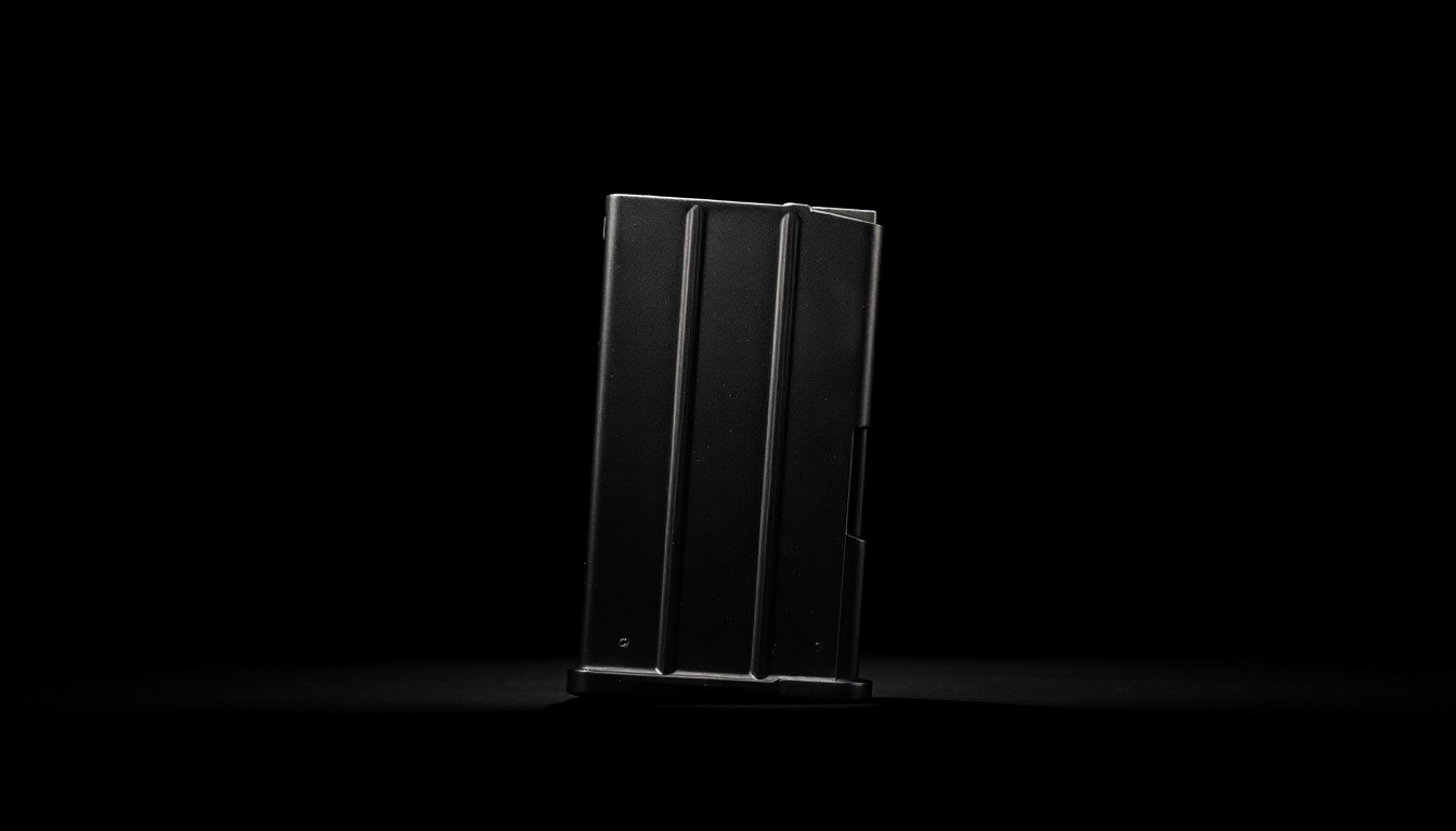 An extreme close-up of a police-issued firearm magazine, its metallic surface reflecting the harsh, direct light of the camera flash, conceptually representing the stark and gritty nature of the police shooting investigation.