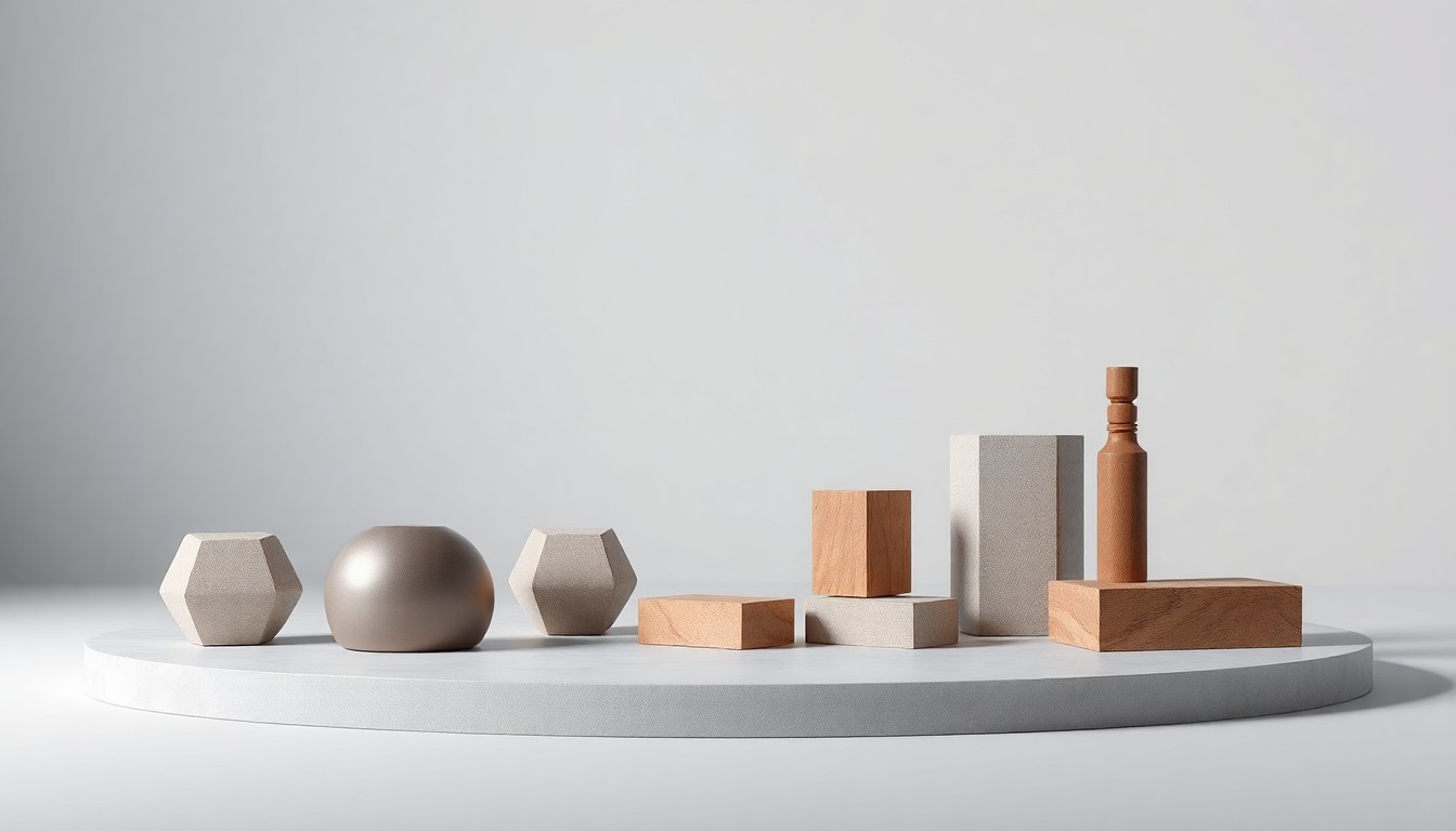 A high-end, photorealistic studio still-life photograph featuring a clean, monochromatic background with a carefully arranged set of premium, geometric objects representing the various event staffing and management services offered by Assist Marketing. The objects are made from polished, raw materials and use dramatic studio lighting and deep shadows to convey a sense of professionalism and attention to detail.