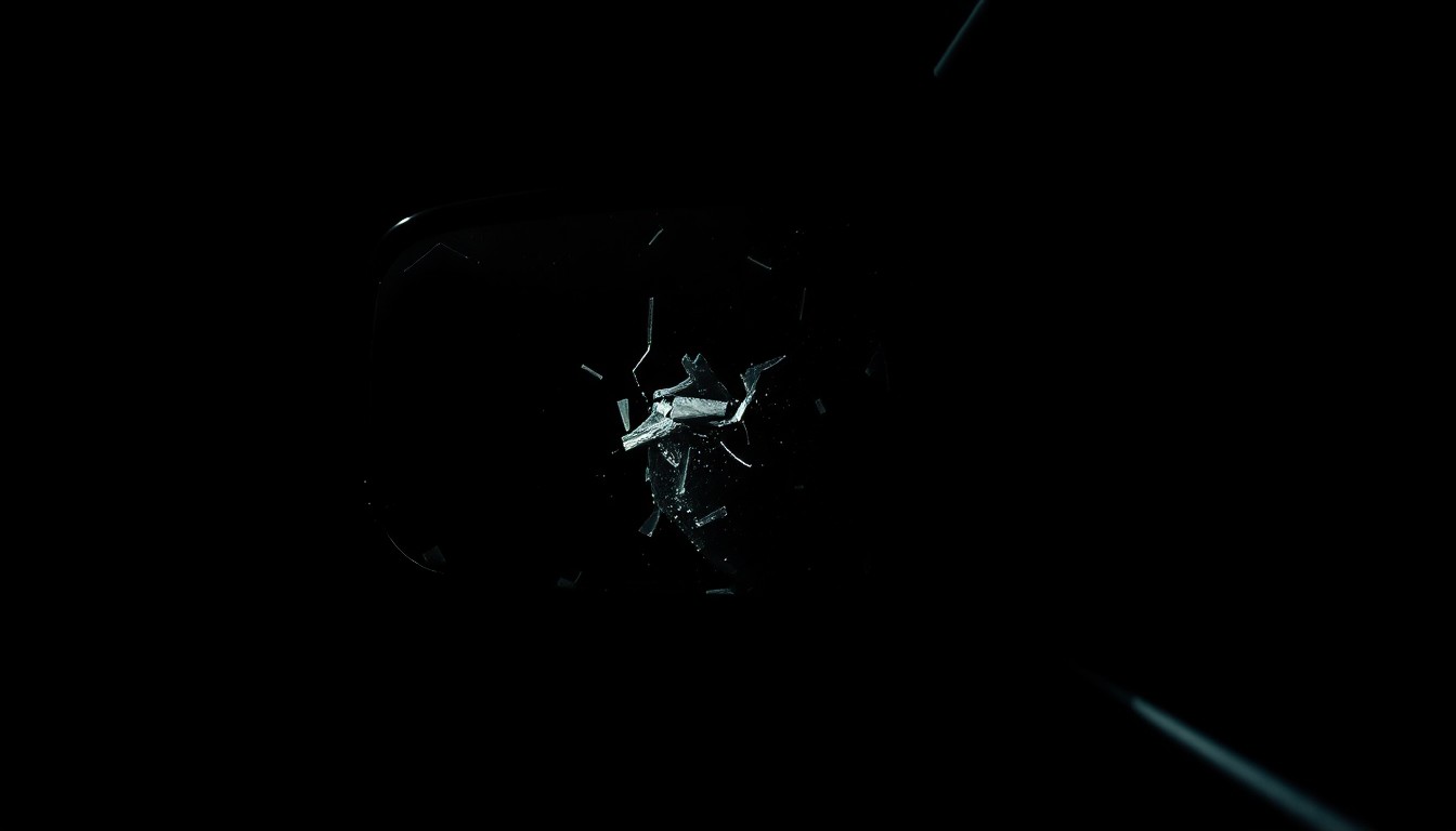 An extreme close-up photograph of a damaged car side mirror, reflecting a faint light and creating a stark, gritty, investigative aesthetic to conceptually illustrate the aftermath of a crash involving an ICE vehicle.