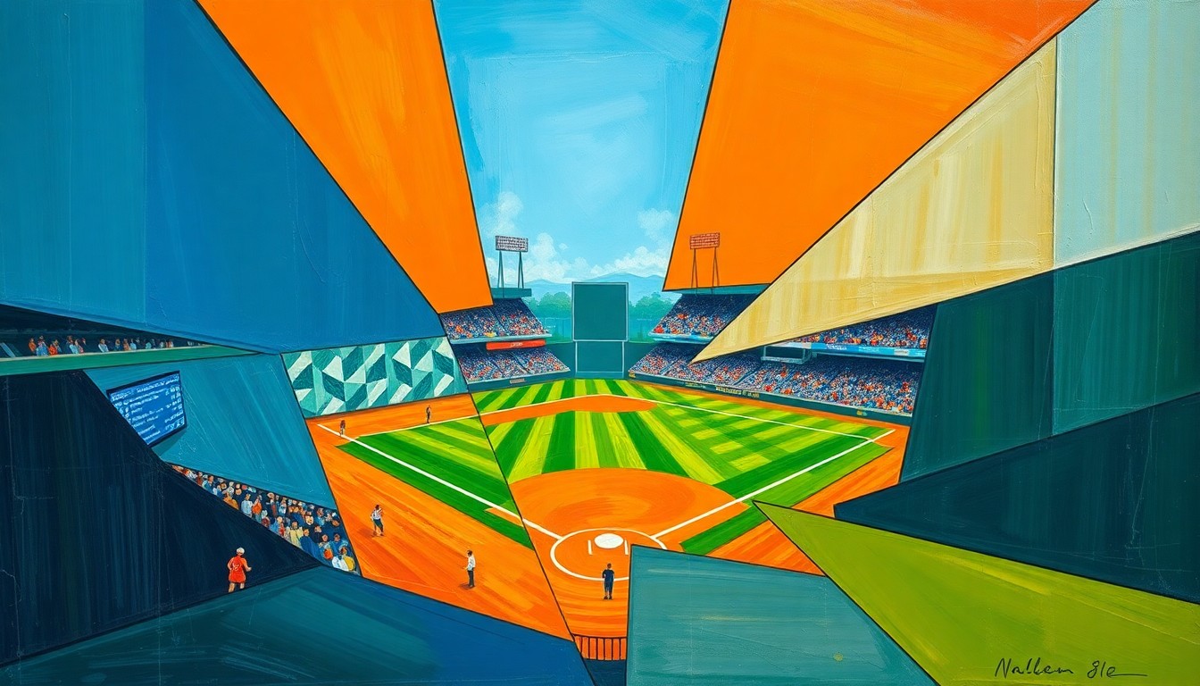 A fractured, multi-perspective painting in the style of Pablo Picasso, breaking a baseball game down into sharp, overlapping geometric planes of deep blue, bright orange, and forest green, capturing the fragmented nature of the Giants' offensive woes.