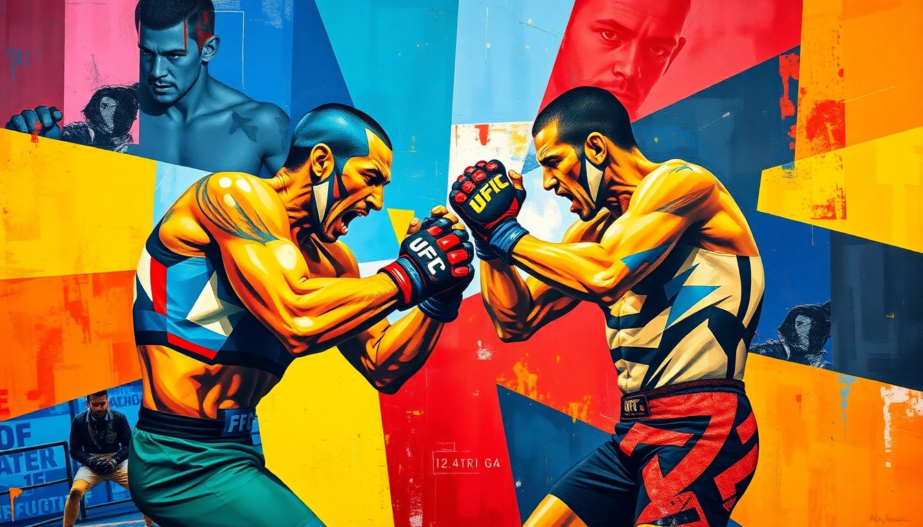 A fragmented, geometric painting in the style of Pablo Picasso, capturing the dynamic movements and clashing energies of two UFC fighters in mid-action.