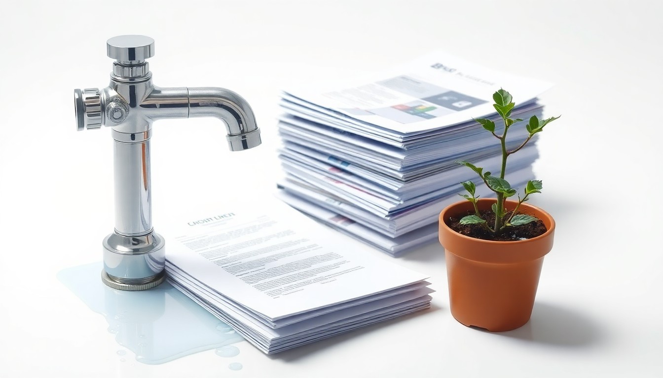 A photorealistic studio still life featuring a polished chrome plumbing fixture, a stack of water-damaged documents, and a small potted plant on a clean white background, symbolizing the water damage, restoration, and regrowth that the Crown Plumbing disaster relief program aims to provide.