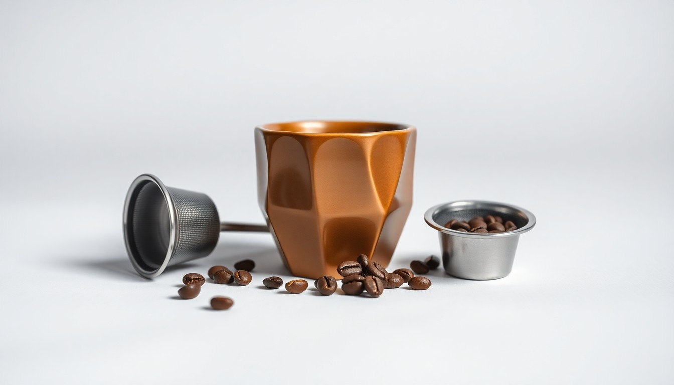 A high-end, photorealistic studio still-life photograph featuring a polished, geometric coffee cup, a freshly roasted coffee bean, and a sleek metal filter, all arranged elegantly on a clean, monochromatic seamless background, conceptually representing the premium quality and craftsmanship of Lost Coffee's brand.