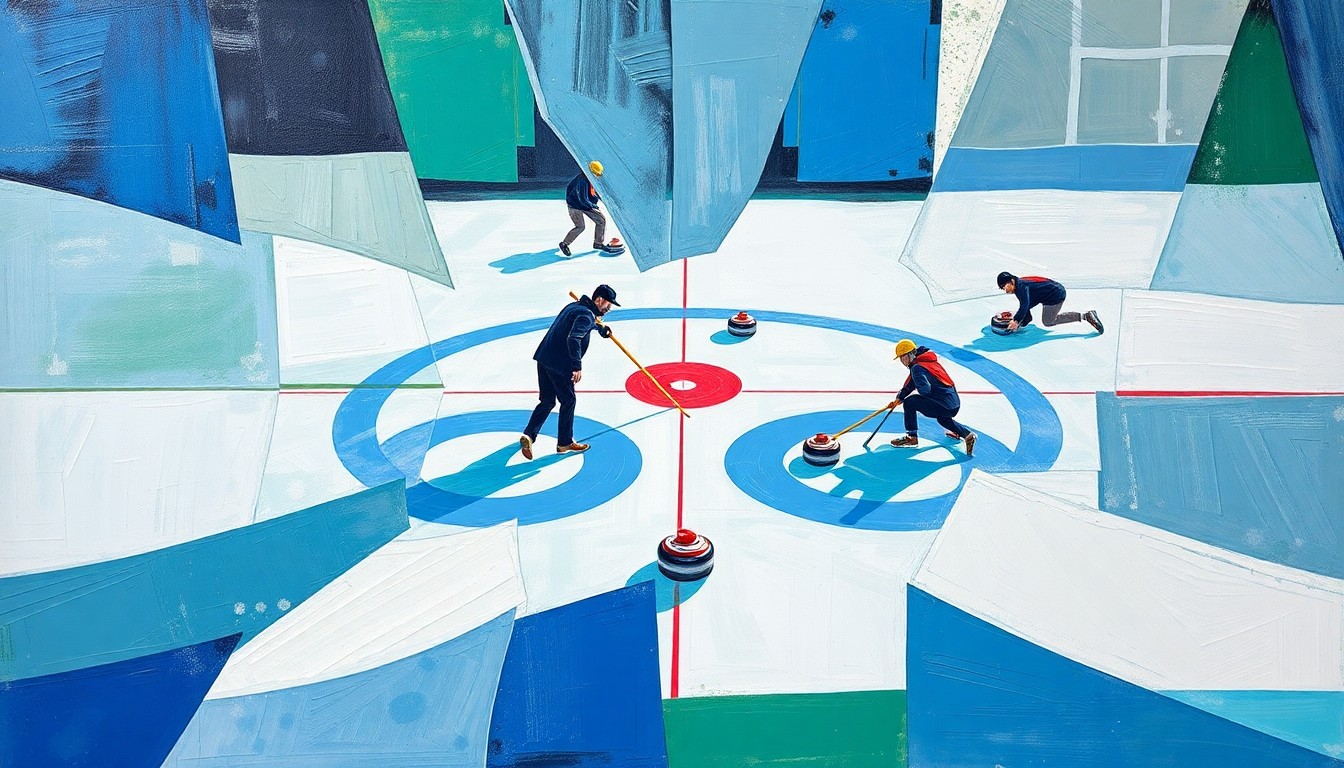 A fragmented, cubist-style painting depicting the dynamic action of a curling match, with overlapping geometric shapes in shades of blue, green, and grey representing the ice, brooms, and curling stones.