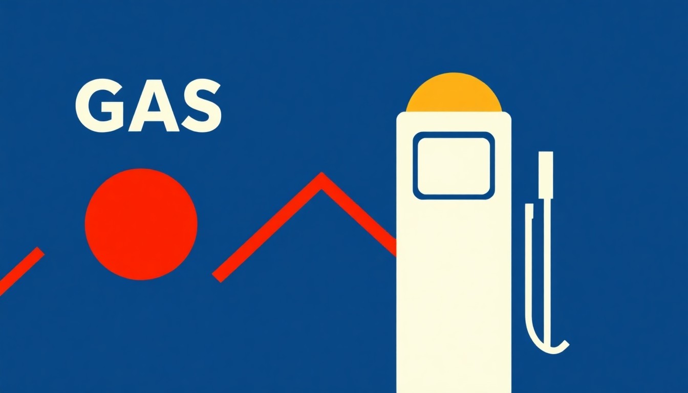 A geometric abstract illustration using bold shapes and primary colors to conceptually represent the rising cost of gas and the economic impact of the Iran conflict on local communities.