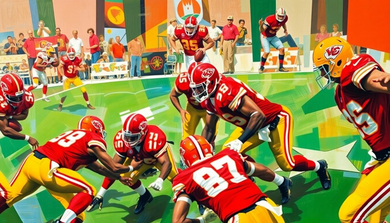 A cubist, geometric painting in vibrant red and gold colors, depicting the fragmented action of an offensive line and football players in motion, conceptually representing the Chiefs' efforts to strengthen their offensive unit.