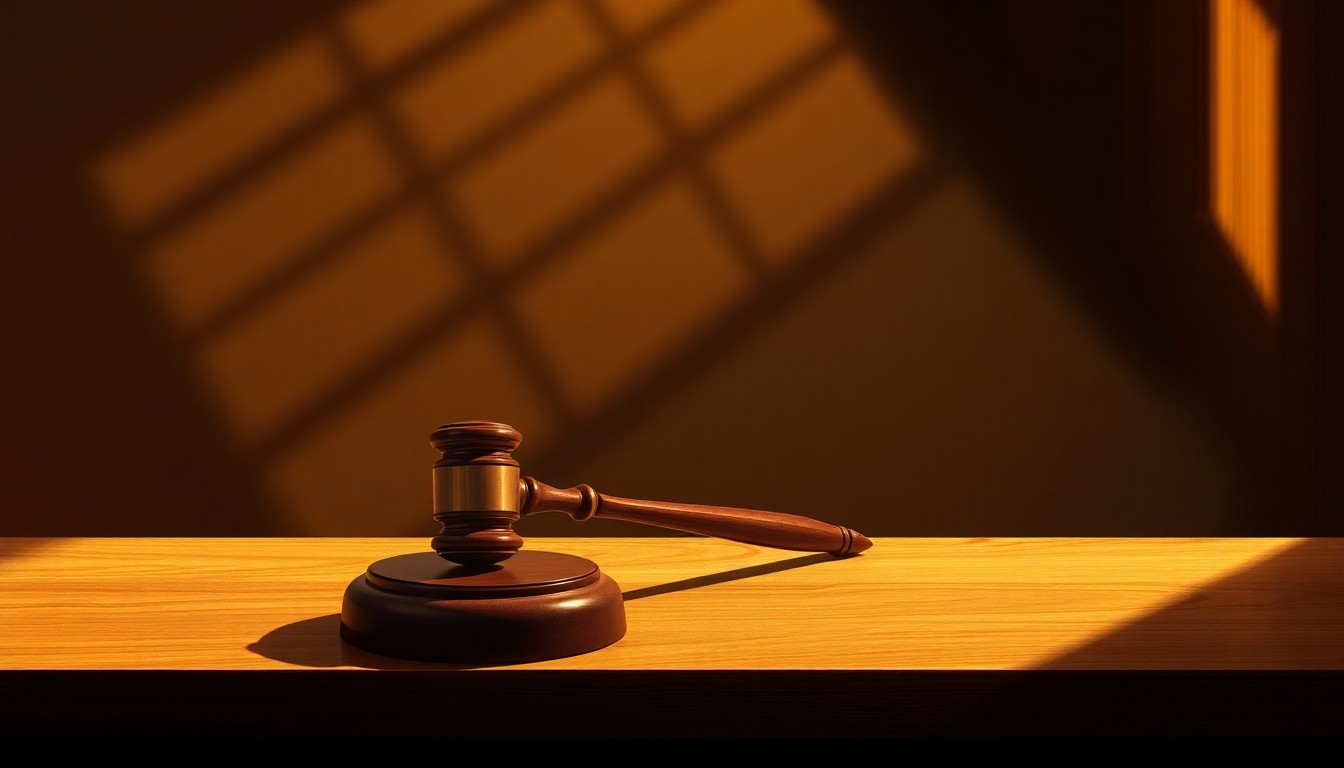 A close-up view of a wooden judicial gavel resting on a bench, the gavel's surface and the bench's grain illuminated by warm, directional light casting deep shadows, evoking a sense of thoughtful deliberation.
