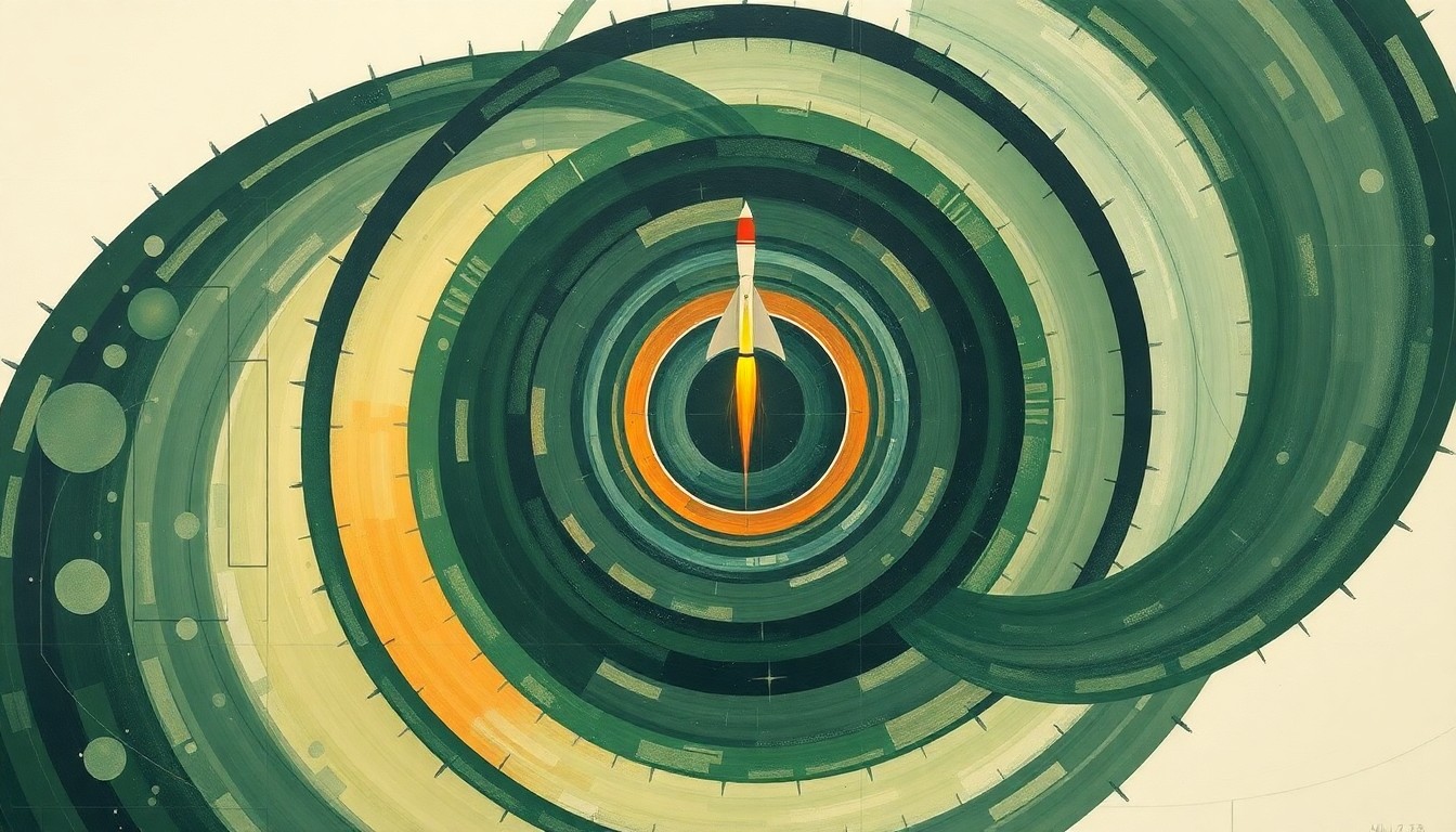 A highly textured, abstract painting in earthy tones of green, blue, and orange, featuring sweeping geometric arcs, concentric circles, and precise spirals, conveying the complex forces and systems involved in a successful rocket launch.
