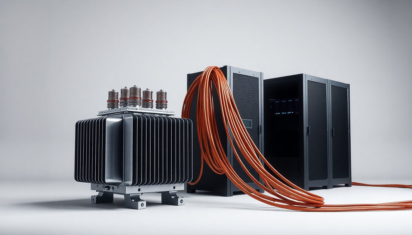 A minimalist studio still life photograph featuring a polished metal electrical substation transformer, a bundle of thick copper electrical cables, and a sleek, modern computer server rack, all arranged elegantly on a clean, monochromatic background to conceptually represent the technical infrastructure behind a data center power project.