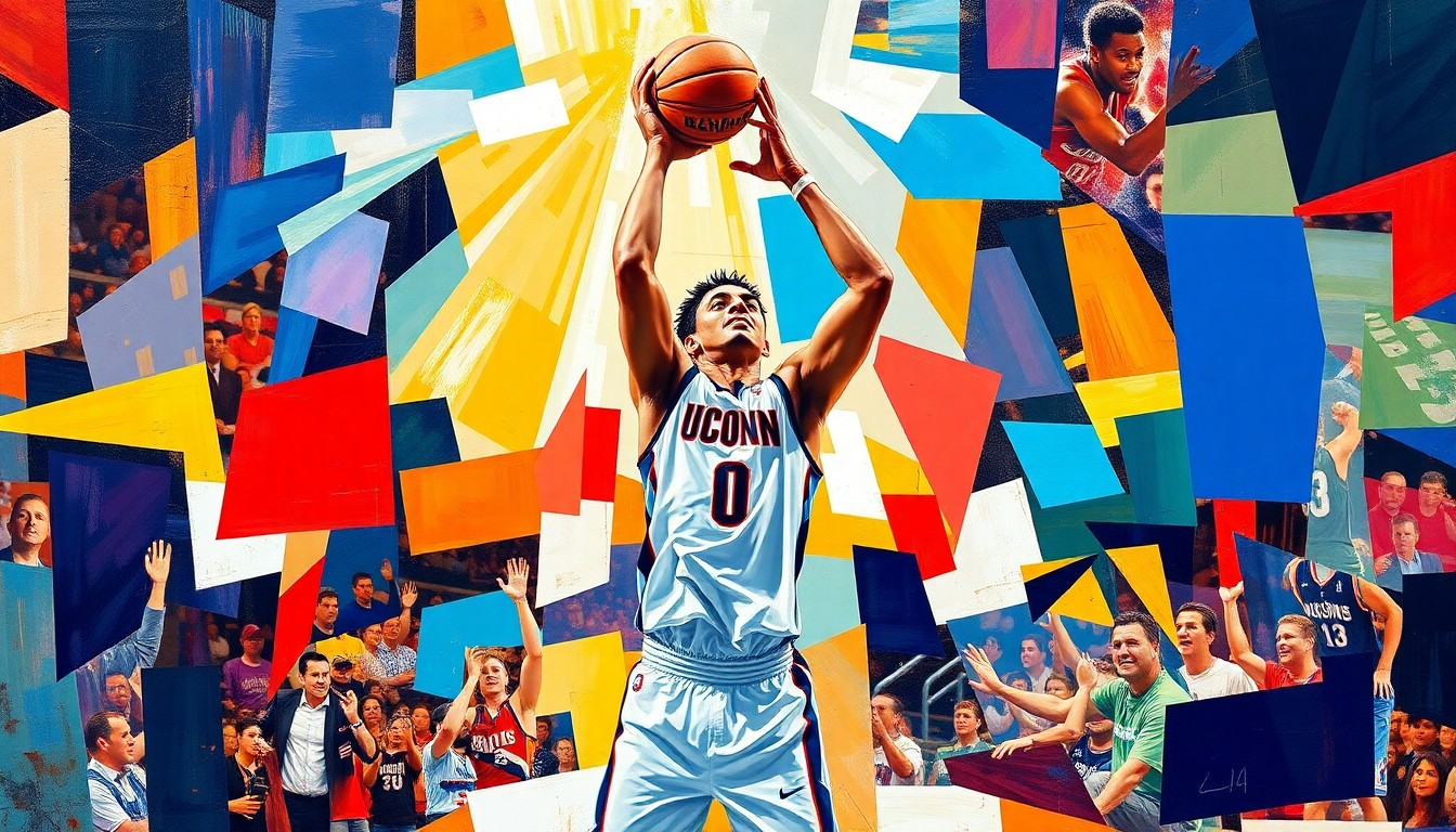 A fragmented, cubist-style painting depicting a basketball player in mid-jump shot, with the ball and player's body broken down into overlapping geometric shapes and planes in the team's colors, conceptually representing the drama and energy of a clutch game-winning moment.