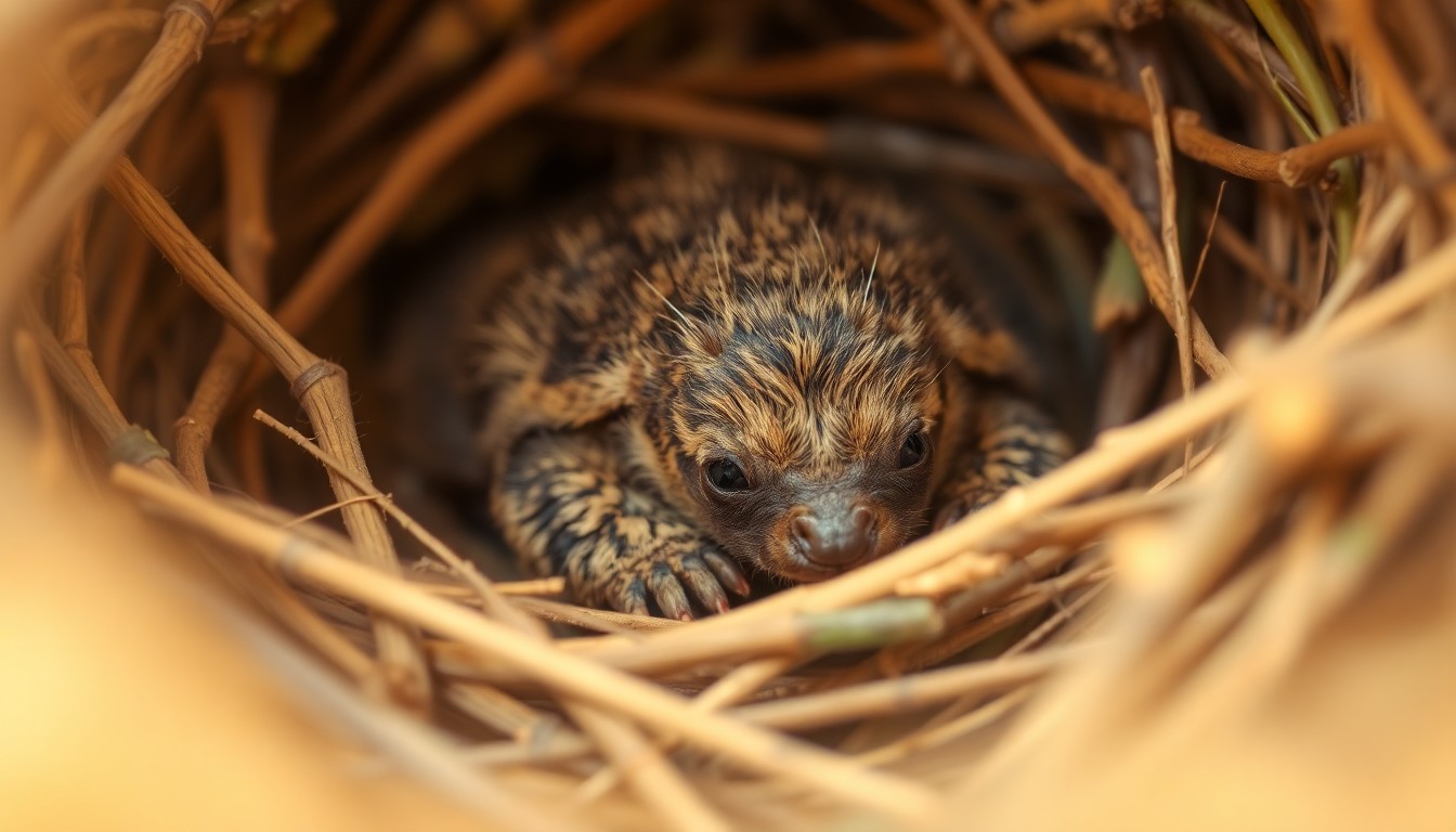 A blurred, impressionistic photograph of a baby desert animal resting in a natural setting, conveying a sense of care and nurturing.