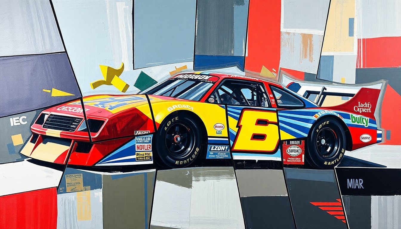 A fractured, multi-perspective painting depicting a vintage IROC race car in a cubist style, with the car's iconic rainbow paint scheme visible through the overlapping geometric planes.