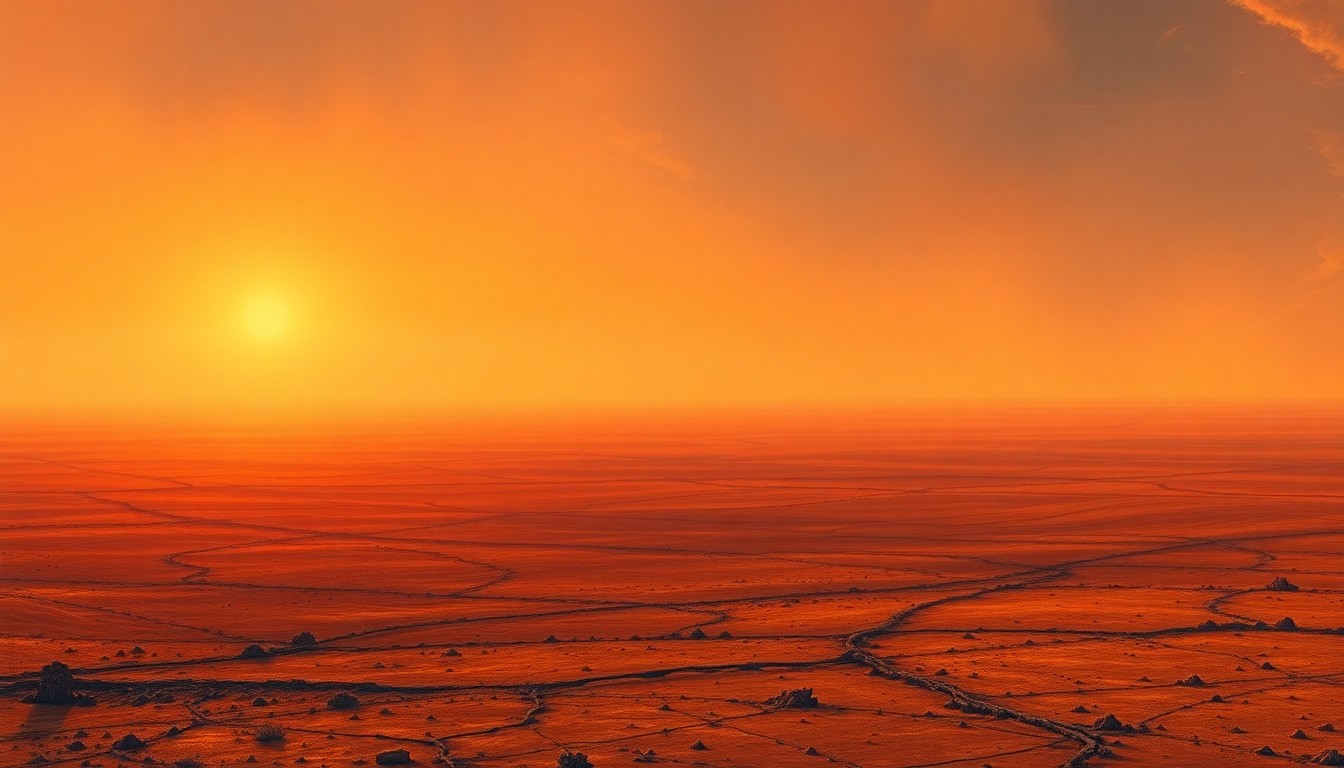 A sweeping, atmospheric landscape painting in muted earth tones, depicting a vast, hazy horizon over a sun-scorched plain, conveying the overwhelming power of extreme heat through dramatic lighting and scale.