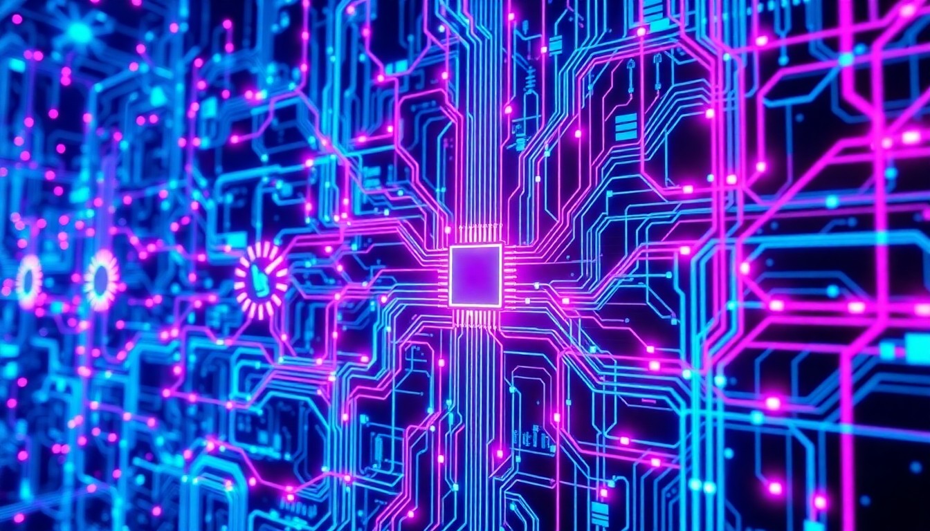 A highly detailed, glowing 3D illustration of a complex network of interconnected circuits, wires, and data nodes in shades of neon blue, purple, and magenta, conceptually representing the digital infrastructure at the heart of the dispute over government control of AI technology.