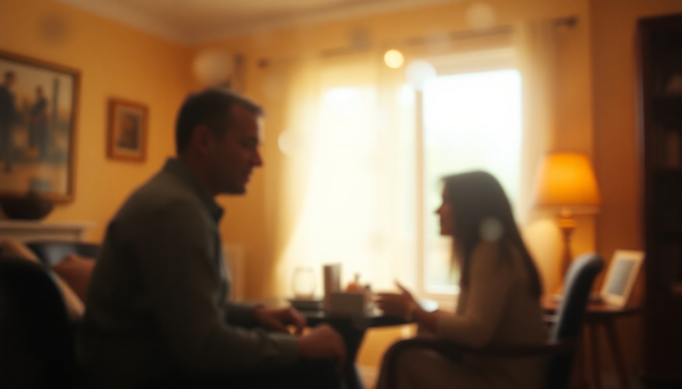An extremely blurred, warm-toned photograph of a social worker meeting with a family in their home, the scene abstracted into soft, out-of-focus pools of light and color.