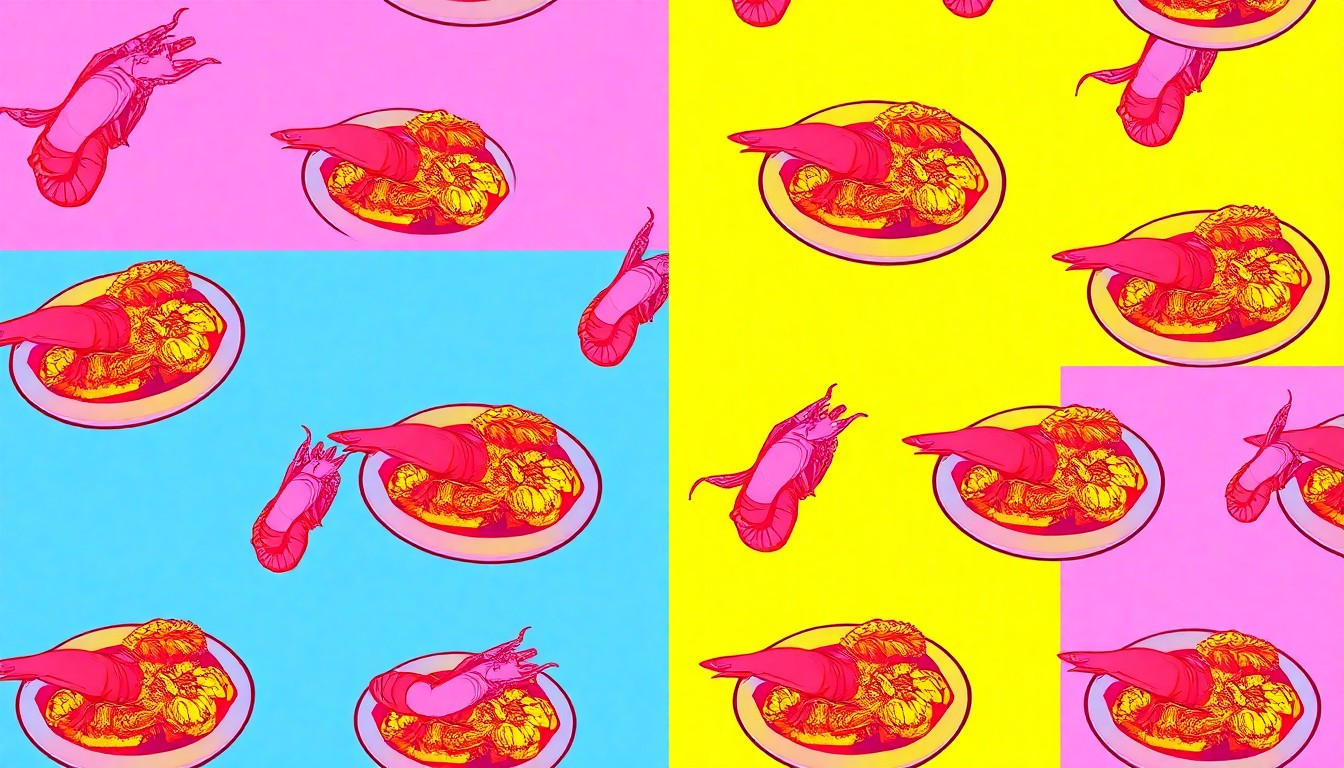 A vibrant, high-contrast silkscreen print featuring a repeated image of a shrimp po'boy, conceptually representing the fusion of Cajun and Mexican cuisine that Tia Juanita's Fish Camp is known for.