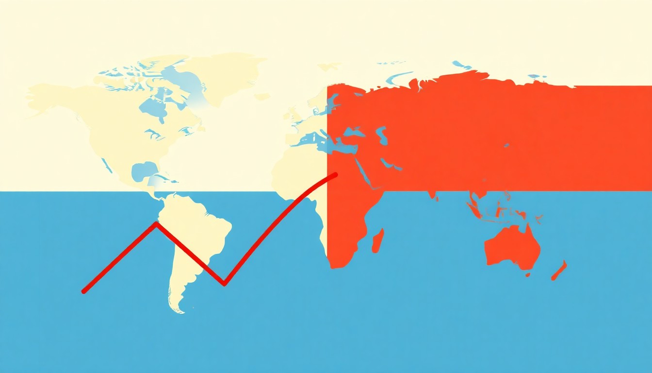 An abstract illustration featuring bold geometric shapes in primary colors, conceptually representing the volatility and instability of global financial markets in the face of geopolitical turmoil.