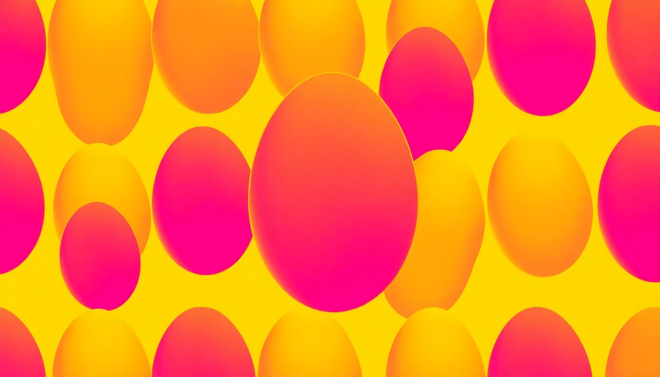 A bold, graphic illustration composed of a single, iconic Easter egg shape repeated in a grid pattern, rendered in a high-contrast, neon color palette reminiscent of Andy Warhol's pop art style, conceptually representing the large scale and vibrant energy of a community Easter egg hunt event.