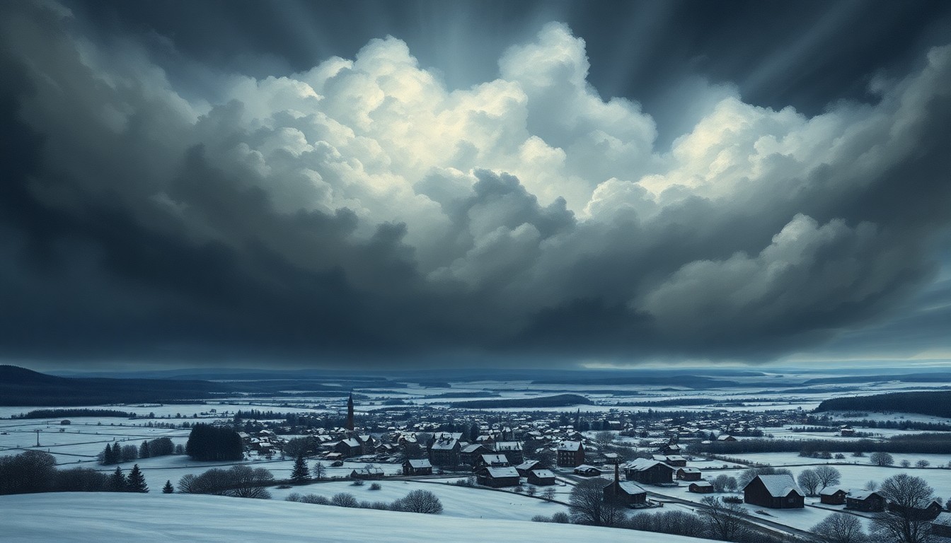 A vast, atmospheric landscape painting in muted tones of grey, blue, and white, depicting a snow-covered rural town nestled beneath a dramatic, swirling sky filled with heavy clouds, conveying the overwhelming power of an approaching winter storm.