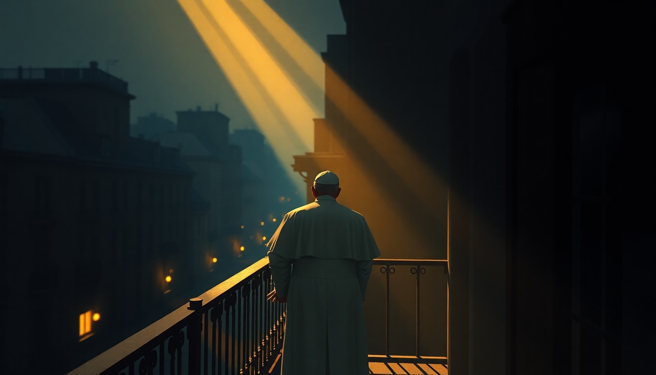 A solitary figure of the Pope standing on a balcony, the city street below cast in warm light and deep shadows, conveying a sense of quiet contemplation and moral authority in the face of political turmoil.