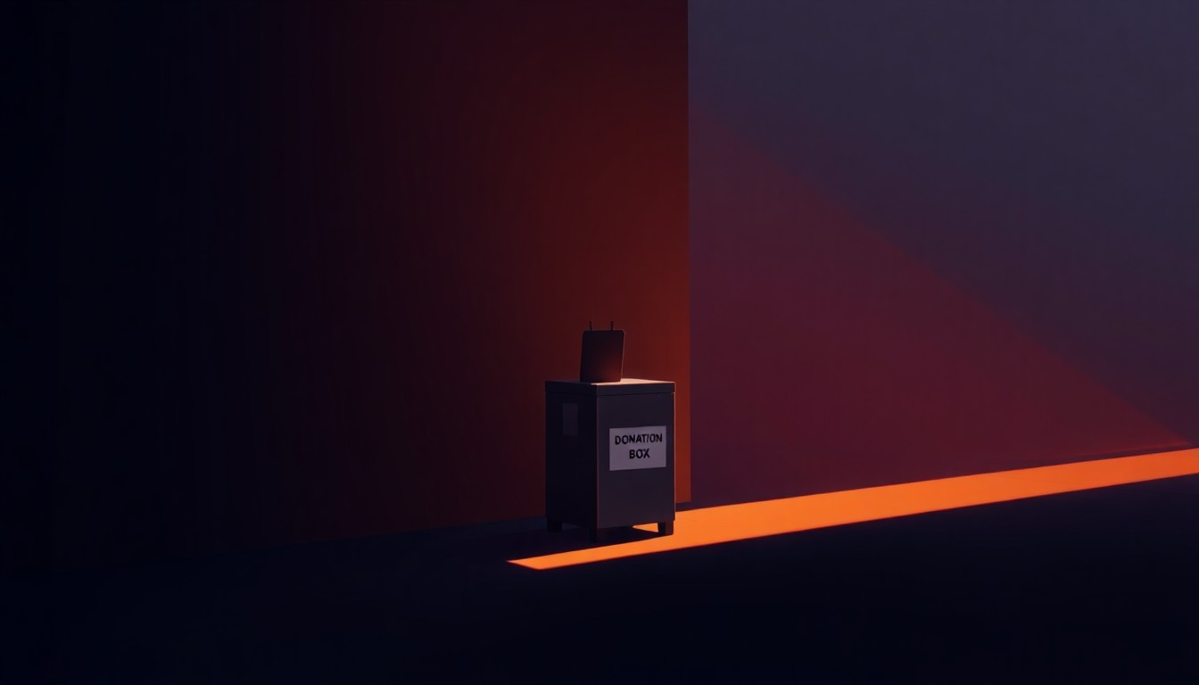 A warm, cinematic painting of a solitary political donation box in a dimly lit urban setting, with deep shadows and diagonal sunlight creating a contemplative, nostalgic mood.