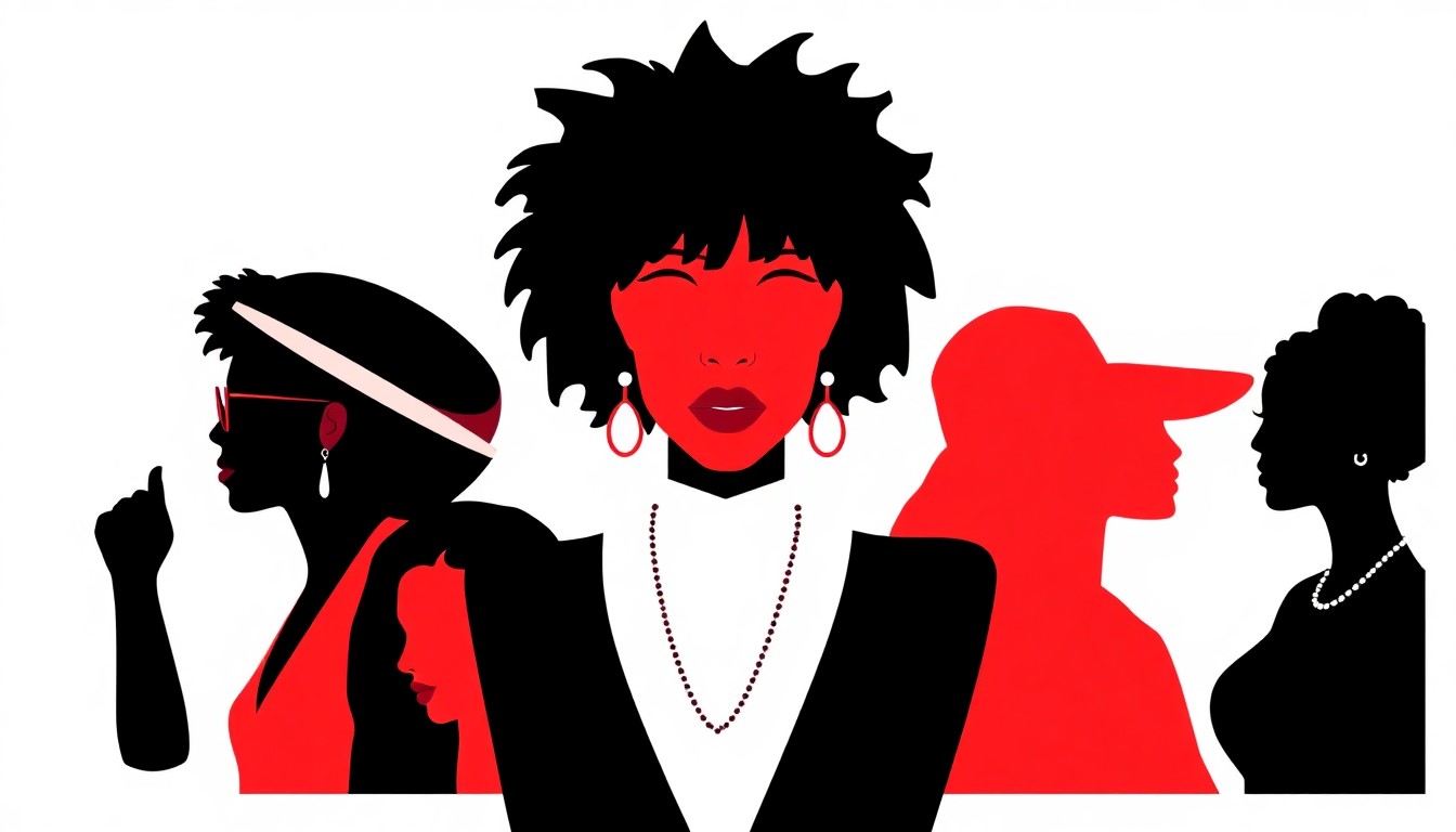 A striking abstract composition of jagged black silhouettes and bold red and white geometric shapes, conceptually representing the diverse styles and influence of pioneering West Coast women rappers.
