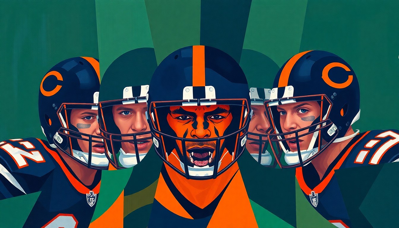 A fragmented, cubist-style painting depicting a Bears defensive secondary formation, with the players' bodies and uniforms broken down into sharp, overlapping geometric shapes in navy, orange, and green tones, capturing the energy and intensity of the team's defensive play.