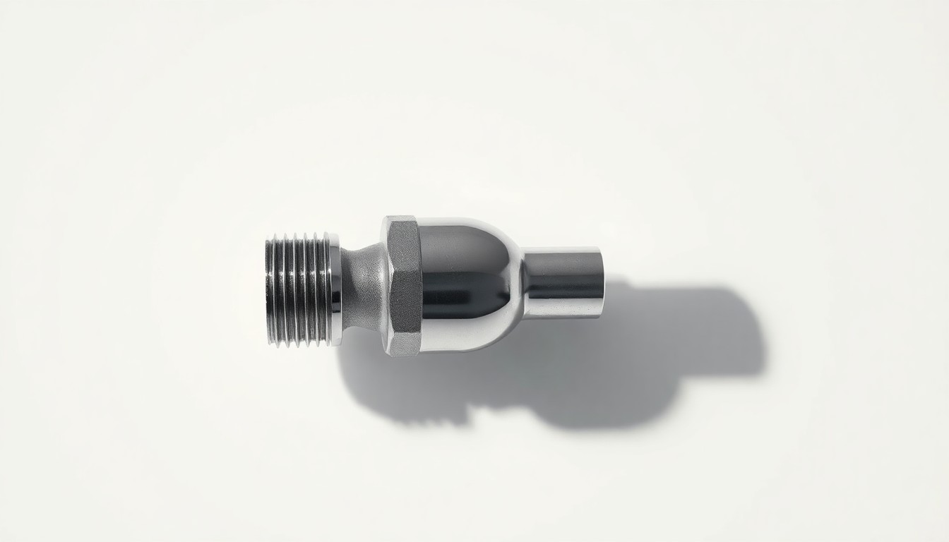 A close-up photograph of a polished metal water valve or pipe fitting floating against a plain white background, with dramatic shadows highlighting the object's form and texture.