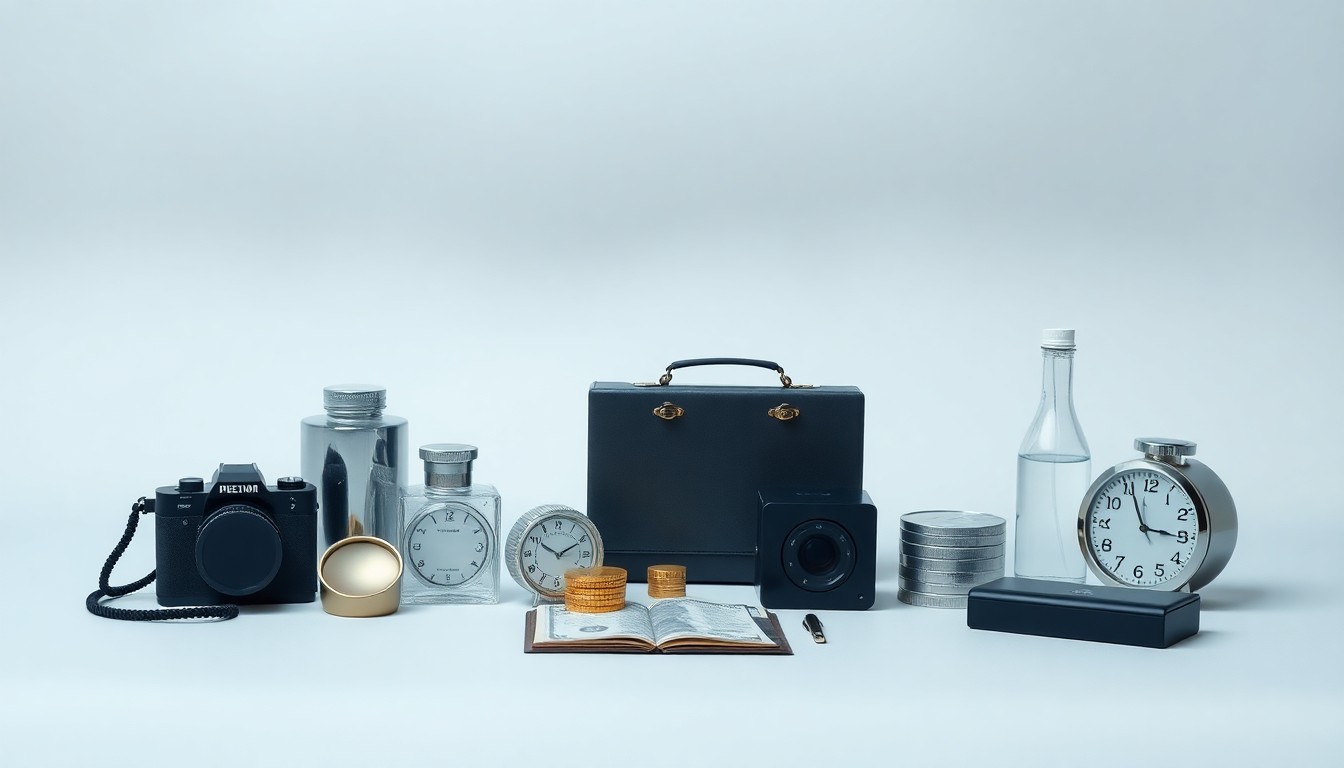 A high-end, photorealistic studio still-life photograph featuring a collection of premium, polished business objects like a laptop, notebook, pen, and desk organizer arranged elegantly on a clean, white seamless background, conceptually representing the abstract ideas of corporate strategy, finance, and operational efficiency for a growing startup company.