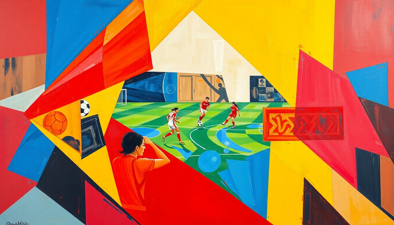 A cubist, geometric painting depicting a fragmented, multi-angle view of a women's soccer player in motion, conveying the energy and dynamism of the sport.