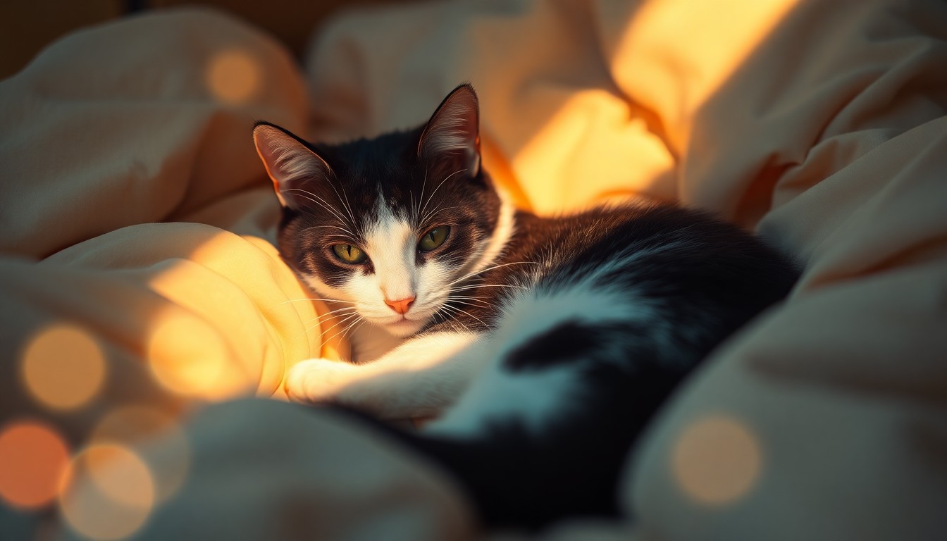 An extremely abstracted, out-of-focus photograph of a tuxedo cat curled up in a soft, cozy bed, with the cat's form and features obscured in warm, hazy pools of light and color.