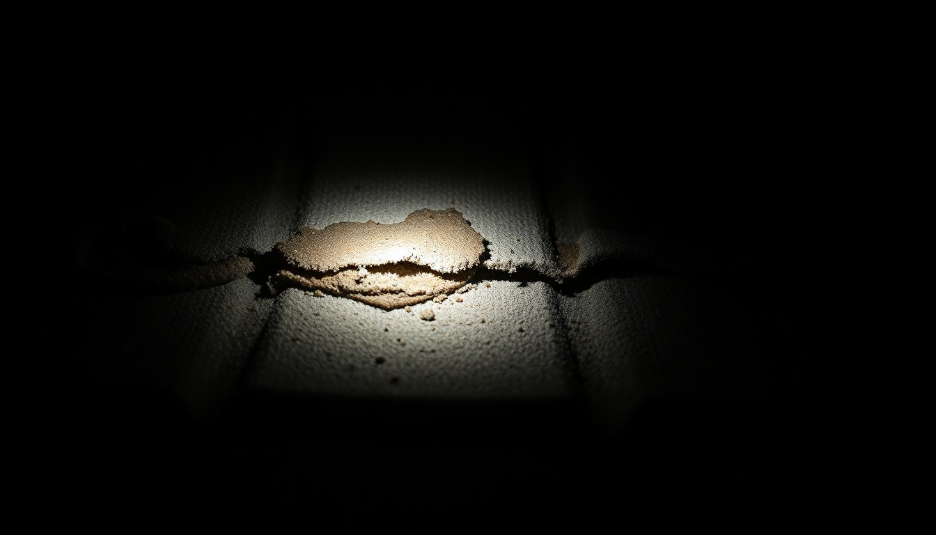 An extreme close-up of a water-damaged, discolored roof tile or insulation material, capturing the texture and material details in stark contrast against a black background to convey the serious, investigative nature of the facility's infrastructure problems.
