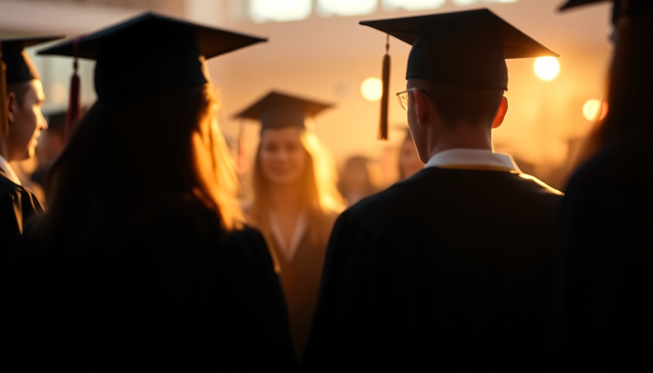 An abstracted, out-of-focus photograph of a group of students in academic regalia gathered together, with warm pools of light and color creating a celebratory, intimate atmosphere.