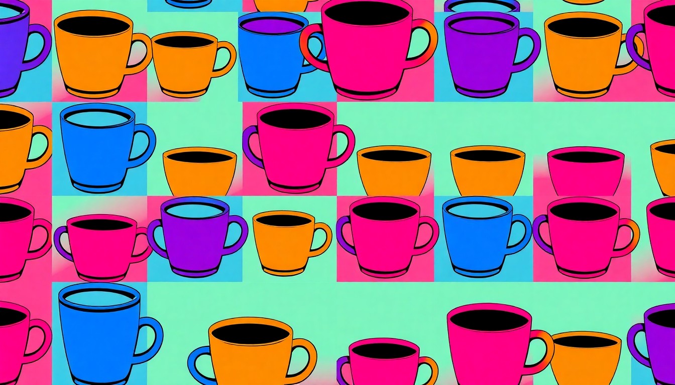 A brightly colored, high-contrast silkscreen print of a traditional Greek coffee cup repeated in a tight grid pattern, capturing the celebratory and community-focused nature of the Hellenic-American Heritage Day event.