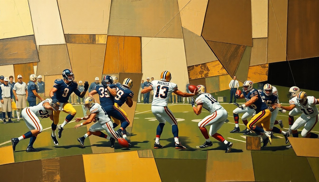 A fragmented, geometric painting depicting a football player in motion, with sharp planes of color and overlapping shapes representing the complex choices and strategies involved in quarterback development.