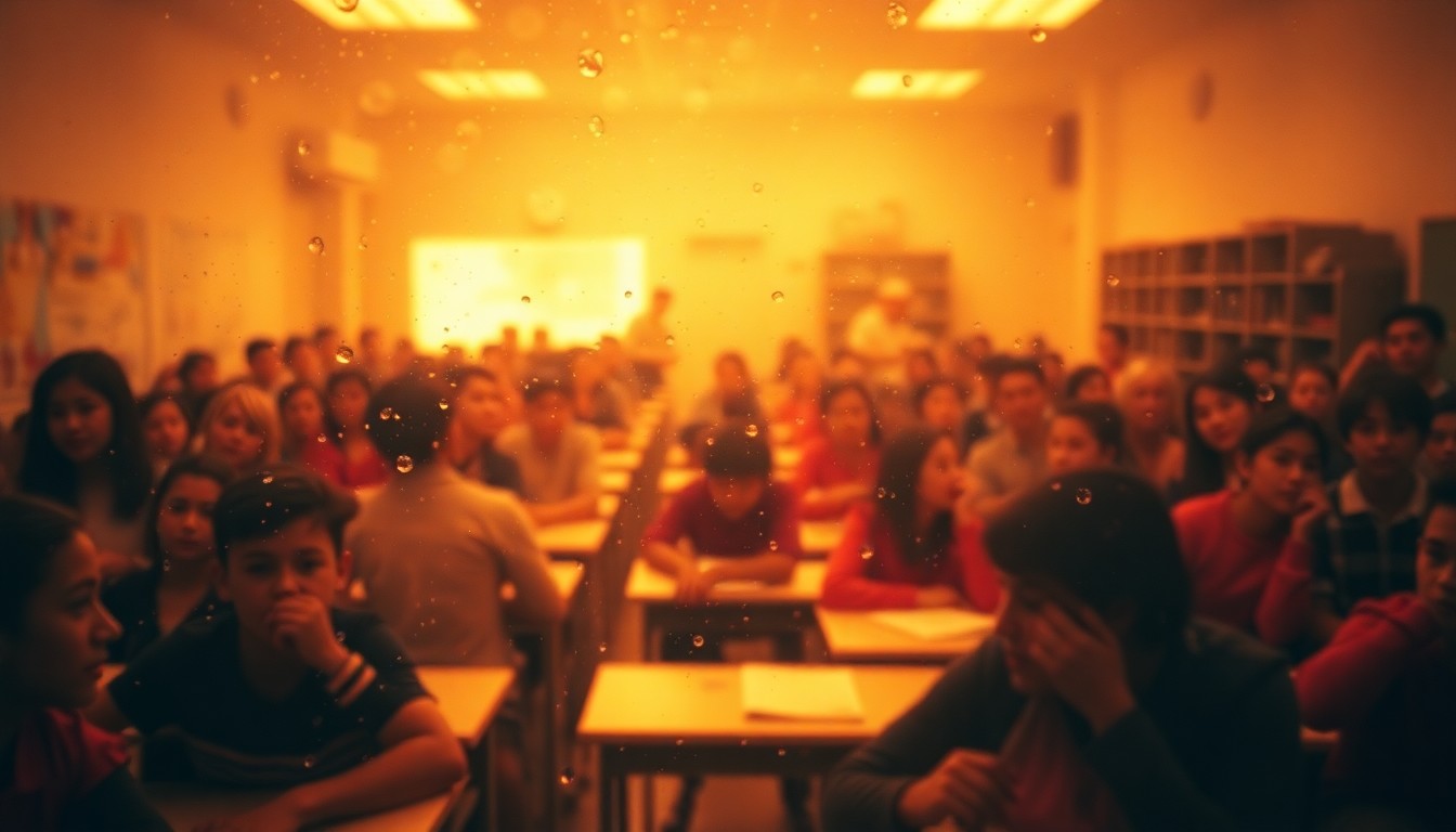 An abstract, blurred image of a crowded classroom, with students and teachers visible in soft, warm tones, conveying the challenges of reducing class sizes in New York City schools.